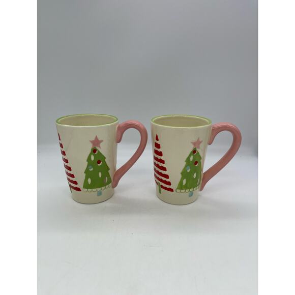 Hand Painted Christmas Tree Mugs Split P Set of 2 - Picture 1 of 8